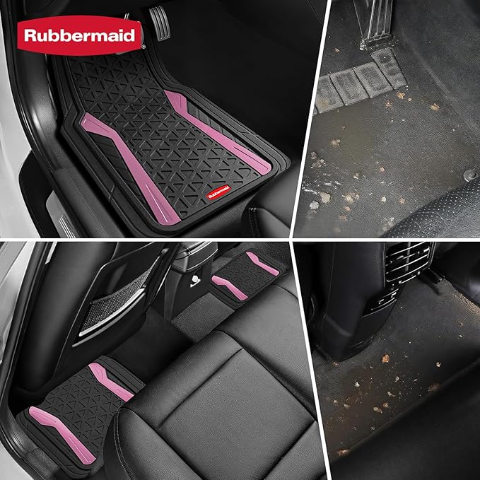 Rubbermaid Car Floor Mats Full Set, Premium Heavy Duty All-Weather Car Mats– Rugged Rubber with Brushed Aluminum Inserts, Universal Trim-to-Fit, Anti-Slip Backing for Cars, SUVs, Trucks & Vans - Pink