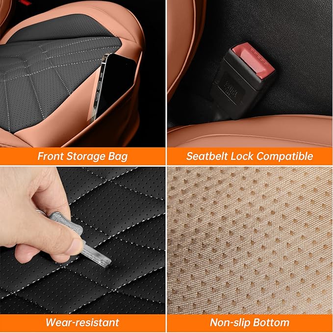 GEZHOUBA Black Brown Car Seat Covers Full Set, Luxury Leather Brown Seat Covers for Front and Rear Seats Waterproof Anti-Slip Full Wrapped Universal Fit for Most 5-Seater Cars SUVs