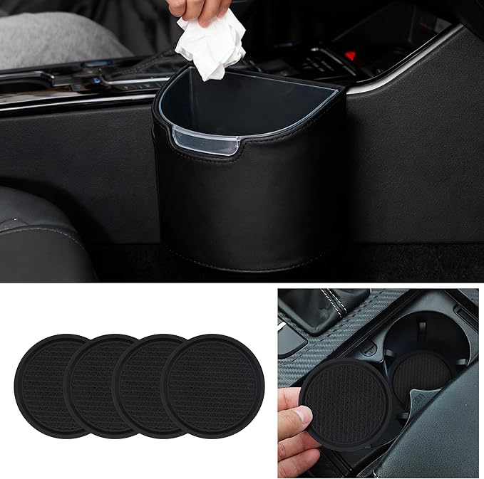 1Pc Car Trash Can and 4Pcs Car Coasters for Vehicle, Home, Office, Multipurpose, Car Accessories for Men and Women