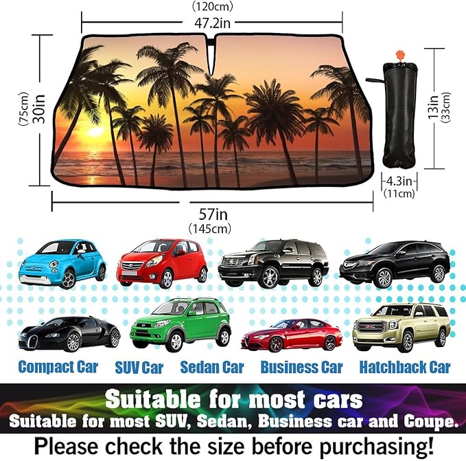 DOPINDU Sunset Palm Tree Car Windshield Sun Shade Umbrella Bendable Handle Foldable Funny Sunshade for Car Windshield Block UV Rays Keep Vehicle Cool for Most Sedans SUV Trucks Cars 57"x30"