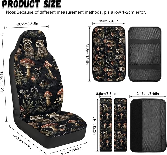 Psesaysky 5 Pcs Car Accessories, Raccoon Mushroom Front Seat Covers Full Set of 2 with Seat Belt Pads Cover Vehicle Center Console Armrest Cover Pad for Women Men Car Lover