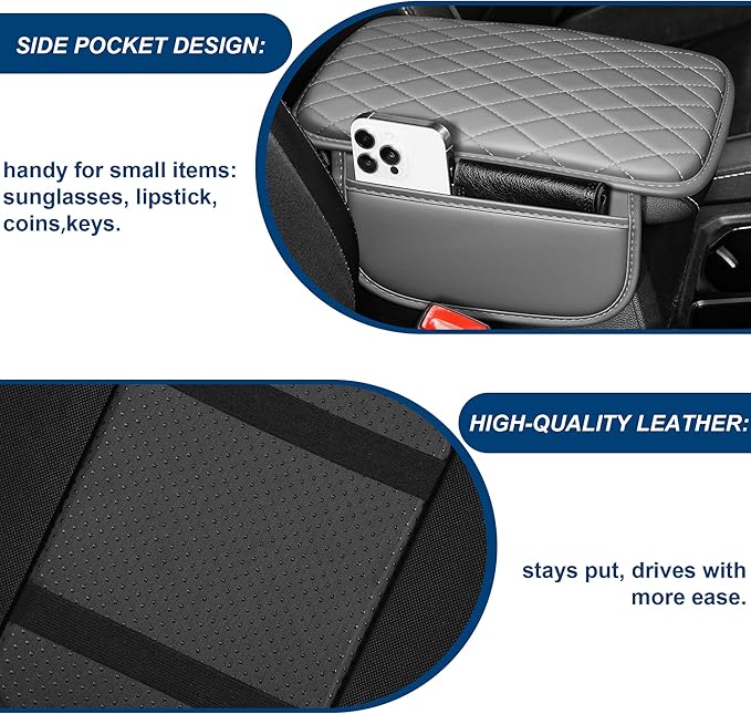 Car Center Console Cover Fit for Volkswagen ID.4 Leather Armrest Cover with 2 Storage Bags Waterproof Console Cover Scratch & Wear Resistant(Grey)