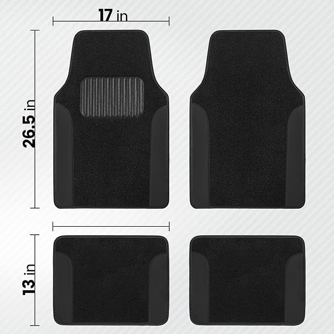 BDK Carpet Floor Mats for Cars, Two-Tone Carpet Car Mat with Faux Leather Accents, Automotive Floor Mat Sets with Built-in Heel Pad, Stylish Interior Car Accessories Black