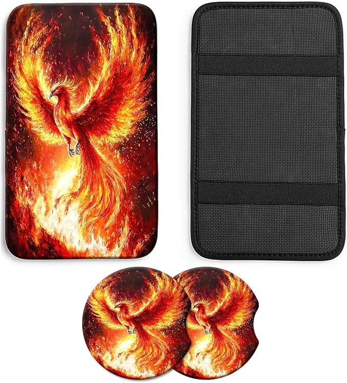 JANENFNA Car Armrest Cover Pads Universal Fashion Cute Auto Center Console Armrest Cover Pad with 2PCS Car Coasters Soft Waterproof Car Armrest Seat Protector for Women,Fiery Phoenix