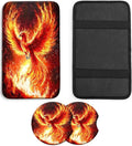 JANENFNA Car Armrest Cover Pads Universal Fashion Cute Auto Center Console Armrest Cover Pad with 2PCS Car Coasters Soft Waterproof Car Armrest Seat Protector for Women,Fiery Phoenix