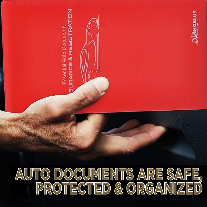Andalus Auto Registration & Insurance Card Holder Pack of 1, Waterproof Essential Car Registration Holder with Hook & Loop Closure, Perfect for Every Vehicles Glove Boxes (Red - 9.5" x 5.15")