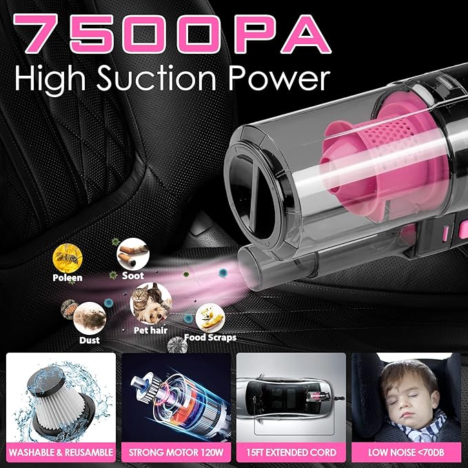 Viewsun 37pcs Car Cleaning Kit, Pink Car Interior Detailing Kit with High Power Handheld Vacuum, Detailing Brush Set, Windshield Cleaner, Cleaning Gel, Complete Car Cleaning Supplies for Women