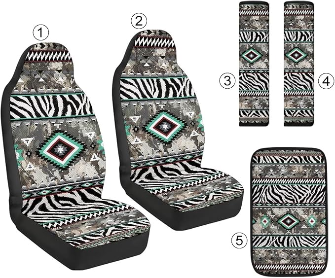 Qeluxign 5-Piece Car Accessories Set Tribal Zebra Print Universal Fit PU Leather Seat Covers Seatbelt Pads and Armrest Cover for Cars, Trucks, SUVs
