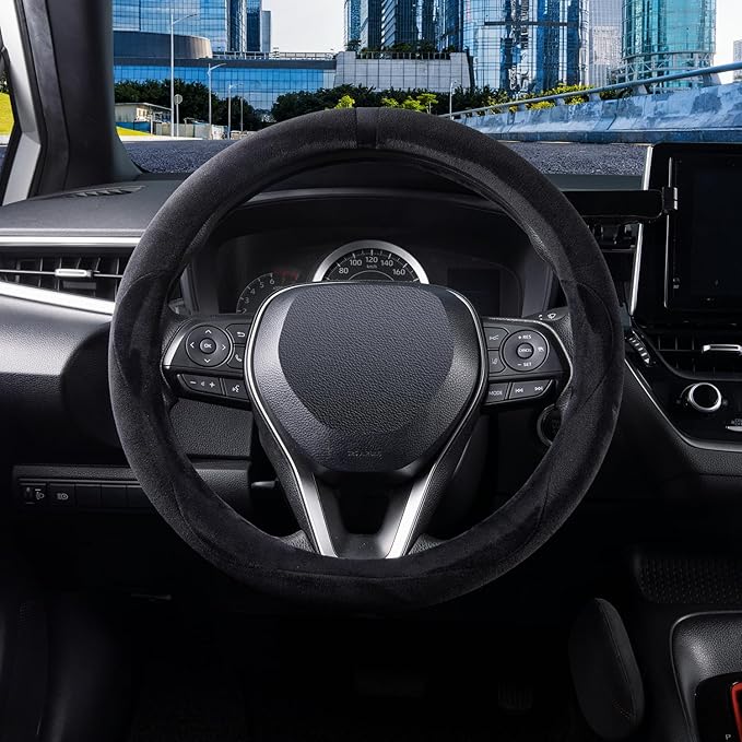 COFIT Plush Steering Wheel Cover Winter, Soft Warm Furry Grip Protector for Cars SUVs Trucks, Fits 14.5-15 Inch, Non-Slip Interior Accessory, Black