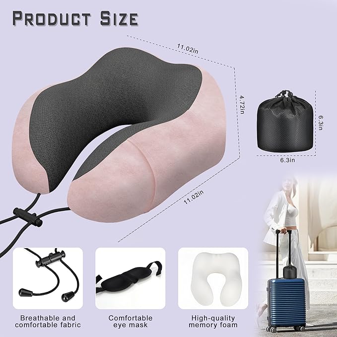 Phent zari Neck Travel Pillow, Upgraded Memory Foam Pillow for Airplane, Machine Washable, Adjustable Flight Pillow, Suitable for Sleeping Airplane, Car, Office and Home (Pink)