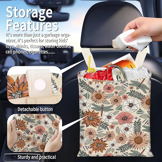 BEAKND Hanging Car Garbage Bag, Cute Car Trash Can Bag, Automotive Accessories for Women Men Cute Boho Flower Dragonfly