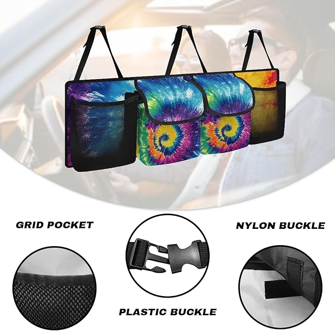 CLOHOMIN Rainbow Tie Dye Car Trunk Organizer Hanging Back Seat Storage Bag with 4 Pockets Large Capacity Trunk Organizer for SUV Truck Sedan Car Interior Accessories
