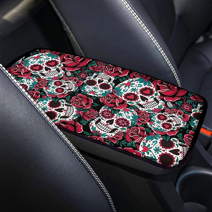 Rose Sugar Skull Car Center Console Cover Breathable Soft Car Armrest Cover Cushion Non Slip Middle Console Protector Mat Sugar Skull Auto Interior Accessories Decor