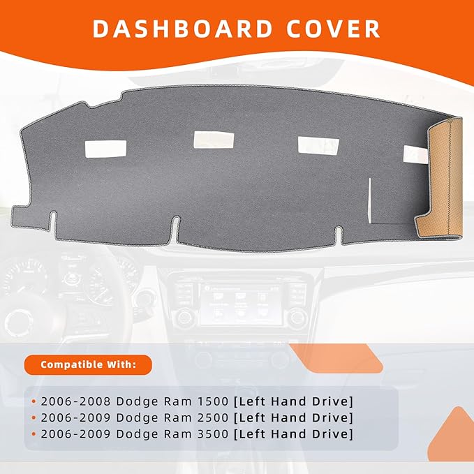 KEYOOG Dashboard Cover Dash Mat Fit for 2008-2006 Do-dge Ram 1500,2009-2006 Ram 2500 3500 (for Left Hand Drive),Car Dash Board Mat Anti-Glare Carpet,Non-Slip Pad Sunshield Protector (Grey)