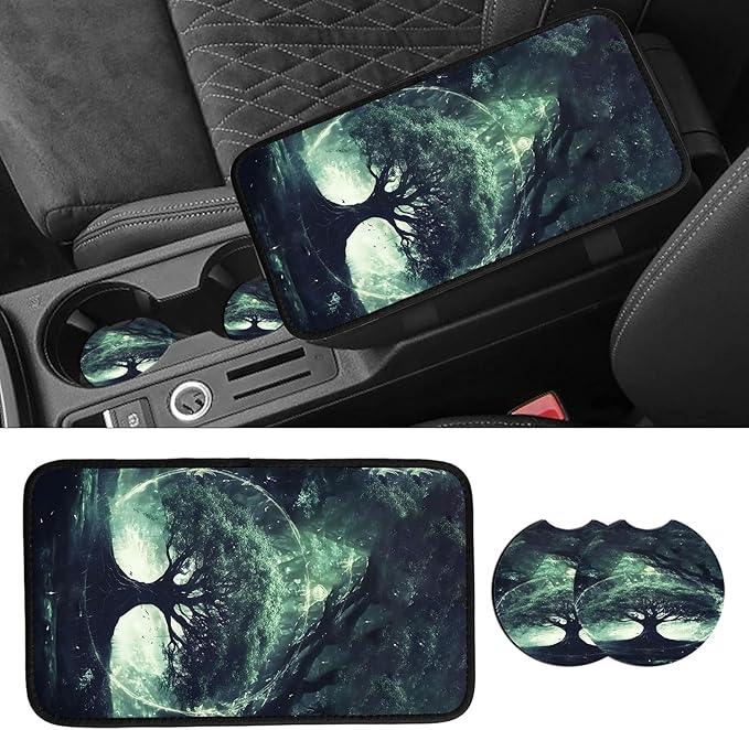 JANENFNA Car Armrest Cover Pads Universal Fashion Cute Auto Center Console Armrest Cover Pad with 2PCS Car Coasters Soft Waterproof Car Armrest Seat Protector for Women,World Tree