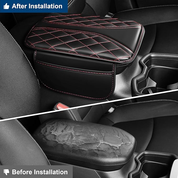 Car Center Console Cover Fit for Volkswagen Atlas Waterproof Console Cover with 2 Storage Bags Leather Armrest Cover Scratch & Wear Resistant(Black)