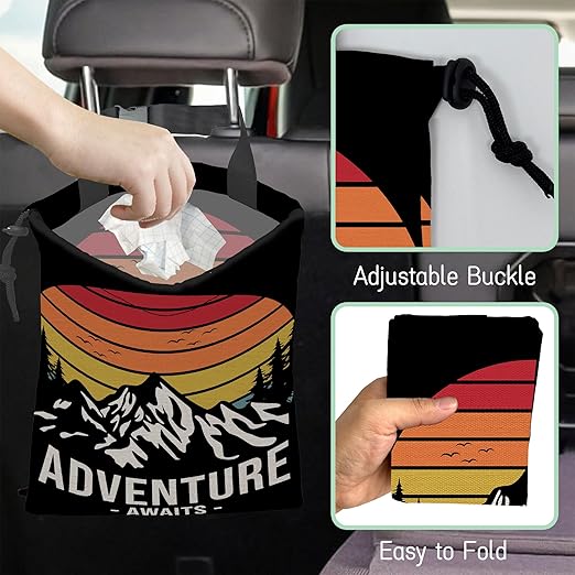 NHNXHWIA Adventure Mountain Car Trash Bag,Hanging Drawstring Car Garbage Bag,Waterproof Canvas Car Back Seat Organizer with Adjustable Buckle,for Vehicles,SUVs,Camping,Road Trips