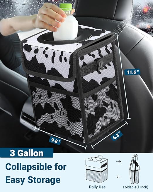 Capolo Car Trash Can with Lid, Leakproof Car Trash Bag Hanging Waterproof Automotive Garbage Can with Storage Pockets Mini Vehicle Trash Bin for Back/Front Seat(Cow Print,3 Gallon)