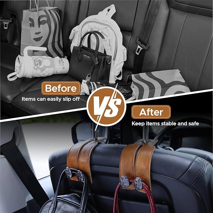 URIZZD 2PCS Leather Car Seat Hooks for Headrest, Vehicle Hanger Storage Organizer Universal for Handbag Purse, Car Accessories Gift (Brown-Black)