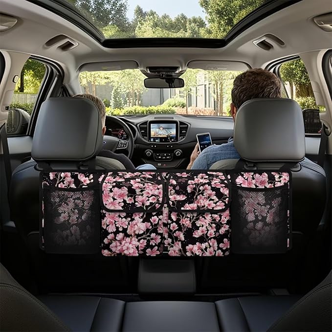 Cherry Blossom Car Trunk Organizer, Oxford Backseat Storage Bag with 4 Pockets, Waterproof Adjustable Large Capacity Hanging Collapsible Bag for Most Vehicles, Universal Car Accessories