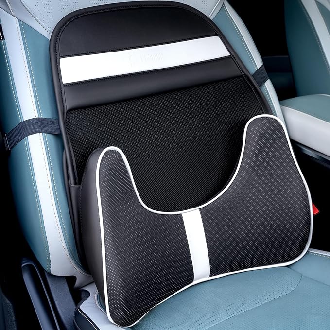 FLORICH Memory Foam Double Layer Breathable Mesh Lumbar Support Ergonomic Leather Lumbar Support Pillow with 3D Mesh Back Support and Adjustable Strap for CarSeat & Office Chair(Leather Black)