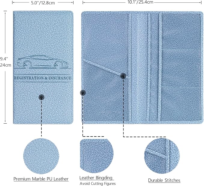TOURSUIT Car Registration and Insurance Card Holder, Vehicle License Document Glove Box Compartment Organizer, Essential Car Wallet Case for Driver Auto Owners (M Light Blue)