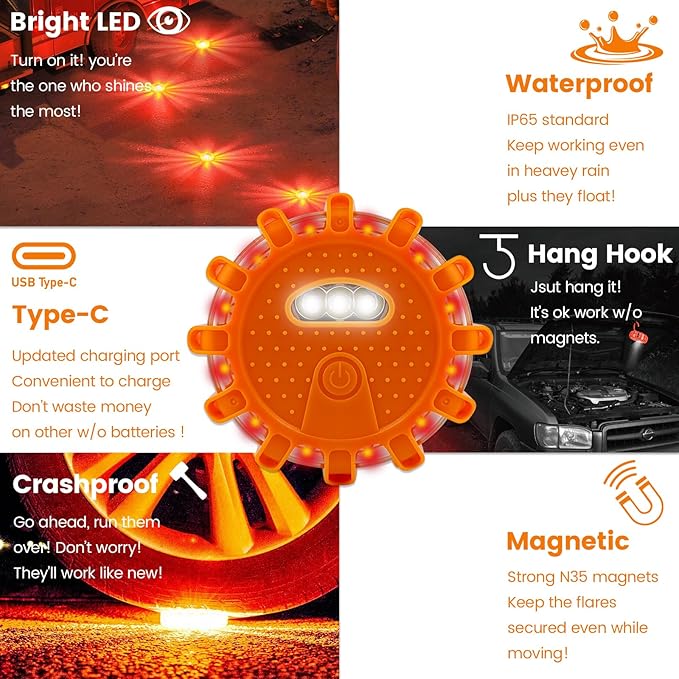 Ecoangel USB-C Rechargeable LED Road Flares Emergency Lights-Large Capacity (Lithium Battery) 3 in 1 Cable Roadside Warning Car Safety Beacon Flashing Disc Kit with Magnetic Base for Vehicles