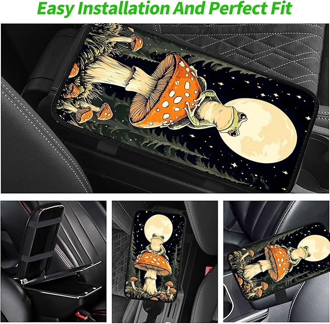 JANENFNA Car Armrest Cover Pads Universal Fashion Cute Auto Center Console Armrest Cover Pad with 2PCS Car Coasters Soft Waterproof Car Armrest Seat Protector for Women,Frog on Mushroom