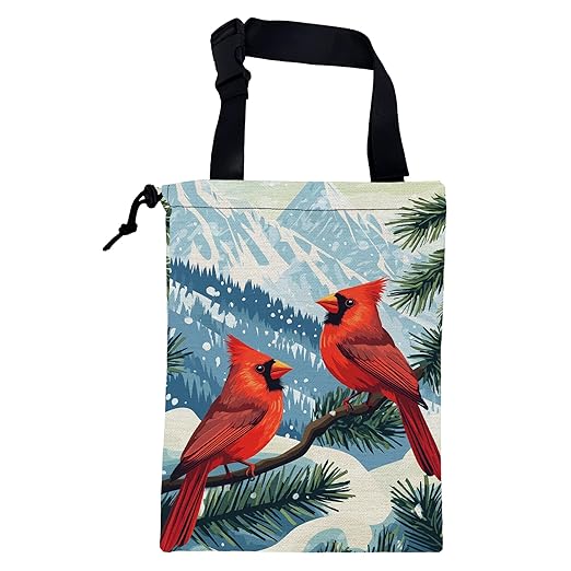 KXWQTRDD Red Cardinals Pine Branch Car Garbage Bag Snowy Mountain Hanging Canvas Car Trash Bag Drawstring Car Back Seat Organizer for Car Back Front Seat Console with Adjustable Buckle