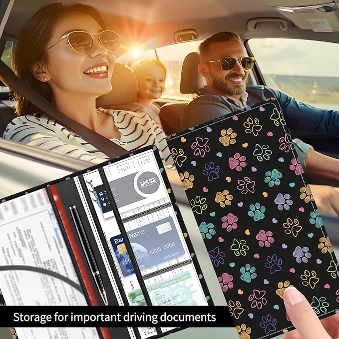BAUCIWLD Premium Car Registration and Insurance Card Holder, Cute PU Leather Car Document Holder, Vehicle Glove Box Car Organizer with Magnetic Closure for Driver License, Cards Colorful Doodle Paws