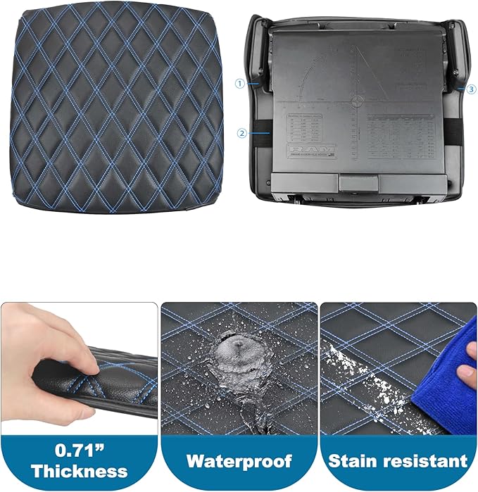 Center Console Cover for Dodge Ram 1500 2019-2026, Bucket Seat, Vinyl Leather Interior Accessories, Car Armrest Cushion Pad, Anti-Scratch, Black-Blue Stitch