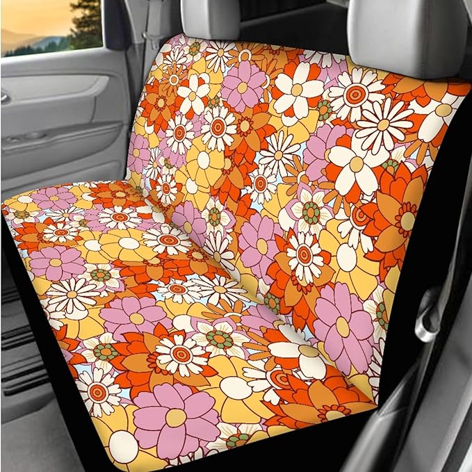 Dngkaoje Hippie Daisy Car Seat Cover Set 13 Pack Stylish Daisy Print Auto Front Rear Seat Protector Full Set Universal Car Accessories for Women with Seatbelt Pads,Steering Wheel Covers,Garbage Bin