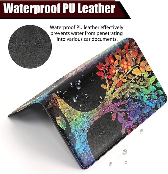 Car Document Holder with Magnetic Shut, Car Registration and Insurance Card Holder, Vehicle Glove Box Organizer Documents, Driver License, Auto Paperwork Organizer Wallet, Colorful Tree Pattern
