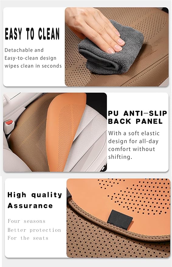 ontto 2 PCS Car Seat Back Lumbar Cushions for Driving Universal Car Seat Protector with Buckle Fixing,Non-Slip Backing Will Not Leave Imprint,Ventilated PU Leather Seat Mat,Light Brown
