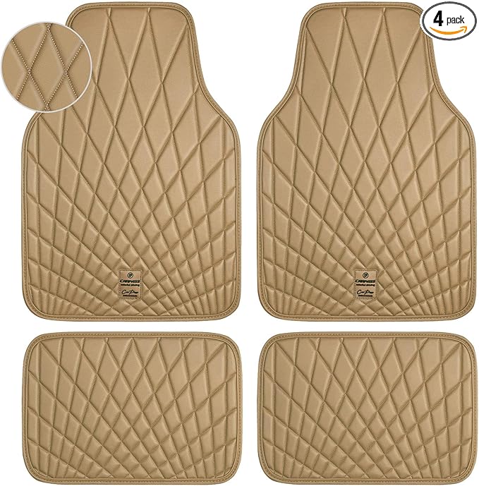 CAR PASS Luxury Faux Leather Floor Mats for Cars, Waterproof All Weather Car Mats Full Set, Anti-Slip Deluxe Automotive Floor Mats Universal Fit for Most SUV,Vans,Sedans,Trucks, 4 Piece Beige