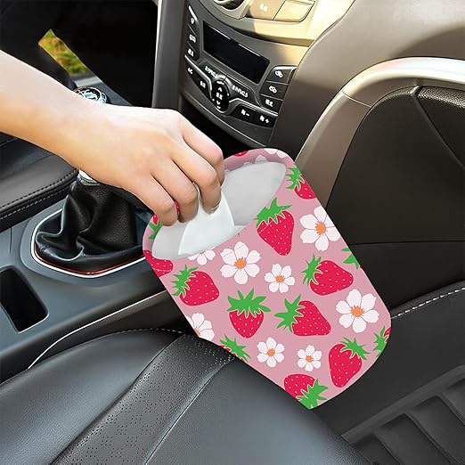 KXWQTRDD Car Garbage Bag Pink Strawberry and Floral Mini Car Trash Bin Portable Collapsible Waterproof Rubbish Bag for Car Accessories Back Front Seat Cup Holder