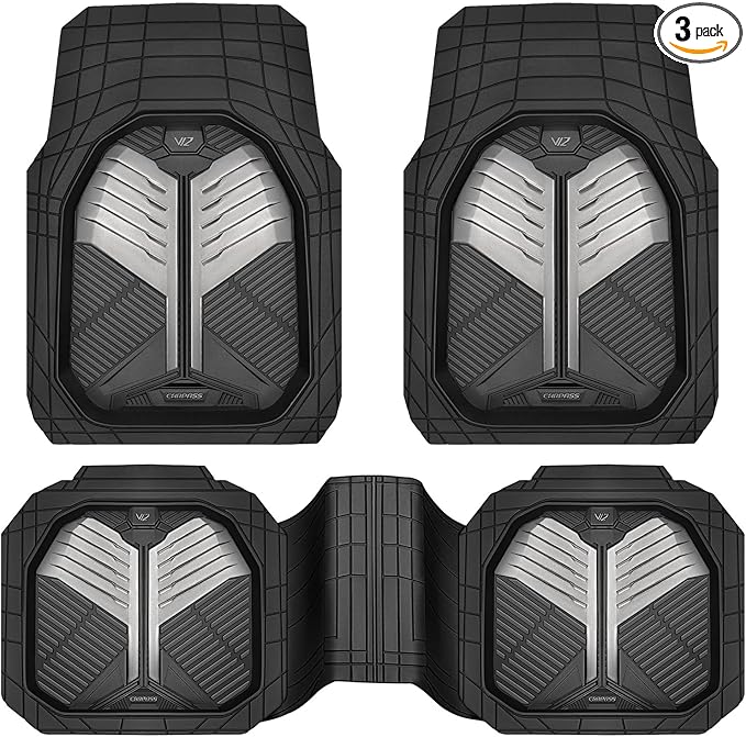 CAR PASS Heavy Duty Rubber Car Mats, Deep-Dish Car Floor Mats All Weather, Universal Two-Tone Trim-to-Fit for SUVs Trucks Sedans, Waterproof Anti-Slip, 3 Pieces V12 Black and Metallic Gray