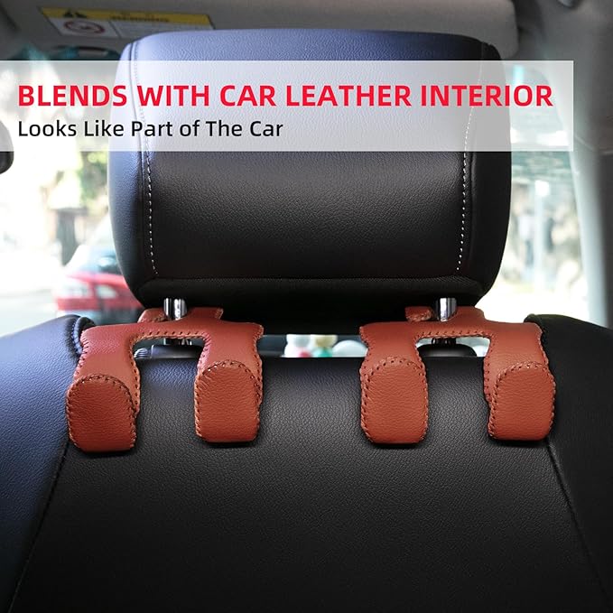 Headrest Hooks for Purses and Bags, Car Back Seat Organizer 2024 Upgraded 2 in 1 Durable Leather Hanger Holder Hook Car Interior Accessories,1-Pack,Brown