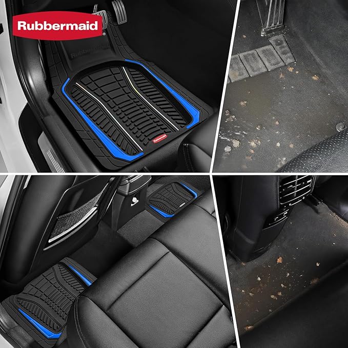 Rubbermaid Car Floor Mats Full Set – Premium All-Weather Car Mat with Brushed Aluminum Inserts, Universal Trim-to-Fit Design, Anti-Slip Backing for Cars, SUVs, Trucks, and Vans