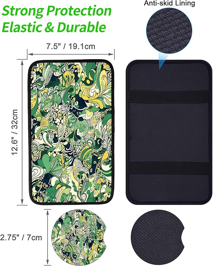 JANENFNA Car Armrest Cover Pads Universal Fashion Cute Auto Center Console Armrest Cover Pad with 2PCS Car Coasters Soft Waterproof Car Armrest Seat Protector for Women,Spiral Flower