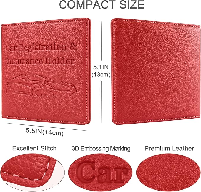 New Fashion Kingdom Car Registration and Insurance Holder, Premium PU Leather Vehicle Glove Box Car Organizer Men Women Wallet Accessories Case for ID, Driver's License - Red