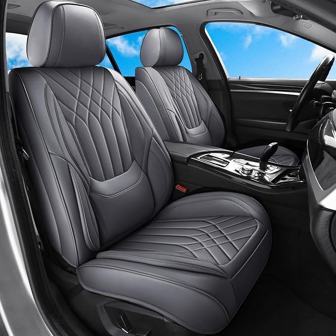 GEZHOUBA Full Coverage Car Seat Covers Full Set Waterproof, Luxury Leather Automotive Seat Covers Car Seat Protector, Front & Rear Seats Cover Sets Universal Fit for Most Vehicles Sedans SUVs, Gray