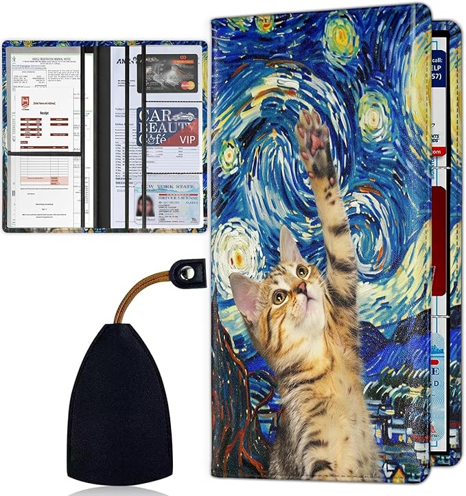 Car Registration and Insurance Card Holder for Women Men, Waterproof PU Leather Glove Box Car Organizer with Magnetic Shut, Vehicle Document Holder for Driver License,Cards, Night Cat Pattern