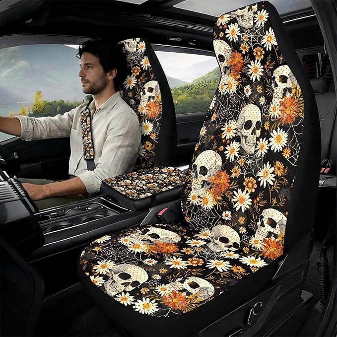 Qeluxign 5-Piece Car Accessories Set Skull Daisy Spider Web Universal Fit PU Leather Seat Covers Seatbelt Pads and Armrest Cover for Cars, Trucks, SUVs