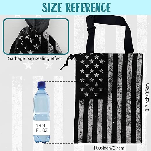 KXWQTRDD Car Garbage Bag Black and White American Flag Hanging Canvas Car Trash Bag Drawstring Car Back Seat Organizer for Car Back Front Seat Console with Adjustable Buckle
