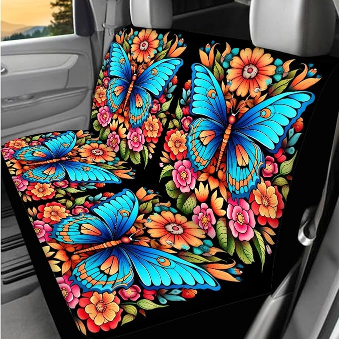 Dngkaoje Butterfly Flowers Car Seat Cover Set 13 Pcs Vintage Butterfly Print Car Interior Accessories Full Set for Women Auto Center Console Cover Pad,Hanging Trash Bag,Seatbelt Shoulder Pads