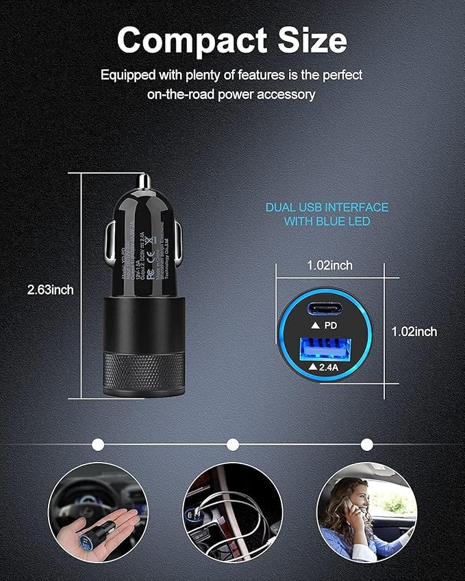AILKIN 30W PD USB C Car Charger, USB Type C Fast Power Charging Block Dual Port USBA & USBC Plug Cargador Carro Lighter Adapter for iPhone, iPad, Samsung Galaxy, LG, Google Pixel, Moto, USB-C Port