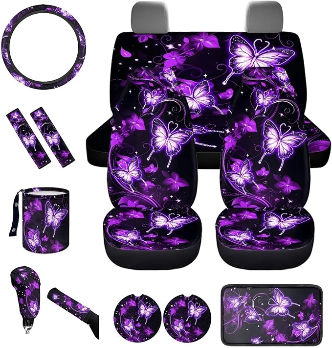 Dngkaoje Purple Butterfly Car Seat Cover Set Cute Butterflies Automotive Interior Accessories Full Set 13 Pcs Galaxy Butterfly Garbage Cans Organizer,Universal Steering Wheel Cover Armrest Pad