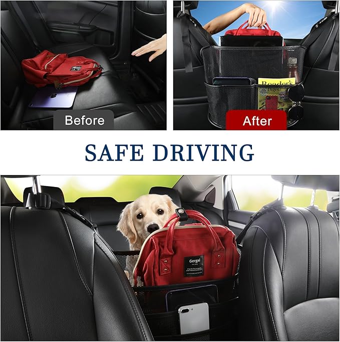 Cavalcade Car Net Pocket, Back Seat Mesh Organizer, Automotive Console Handbag Holder, Netting Pouch Storage Bag for Car, Barrier of Backseat Pet Kids, Black