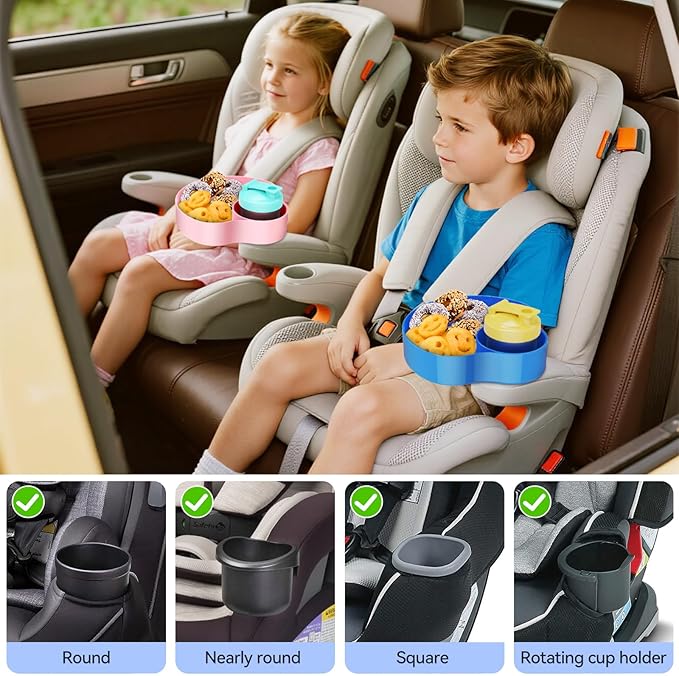 2PCS Car Seat Snack Tray for Kids: Kids Car Tray with Cup Holder, Toddlers Road Trip Essential, Travel Snacks Food Plate Cup Holder (Blue&Pink)